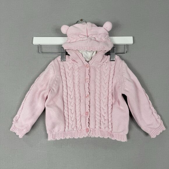 Hartstrings Other - Hartstrings Baby Girl Sweater 12 Months Pink Bear-Ear Cable-Knit Button Cardigan